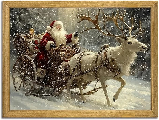 Wood Framed Vintage Santa Claus Sleigh Wall Art, Classic Christmas Reindeer Canvas Print Painting, Christmas Wall Decor Ornaments Picture for Living Room Bedroom Kitchen Xmas Home Decor 8x10 Inch