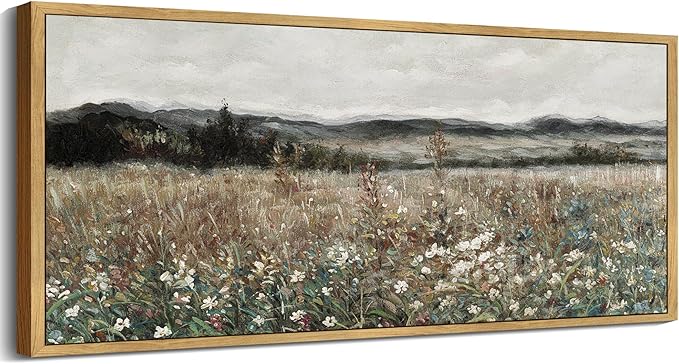 SHENIFY Vintage Landscape Framed Wall Art Meadow Flowers Farmhouse Decor Retro Classic Painting for Hallway Bedroom Living Room Dining Room - 12x36in Natural Framed