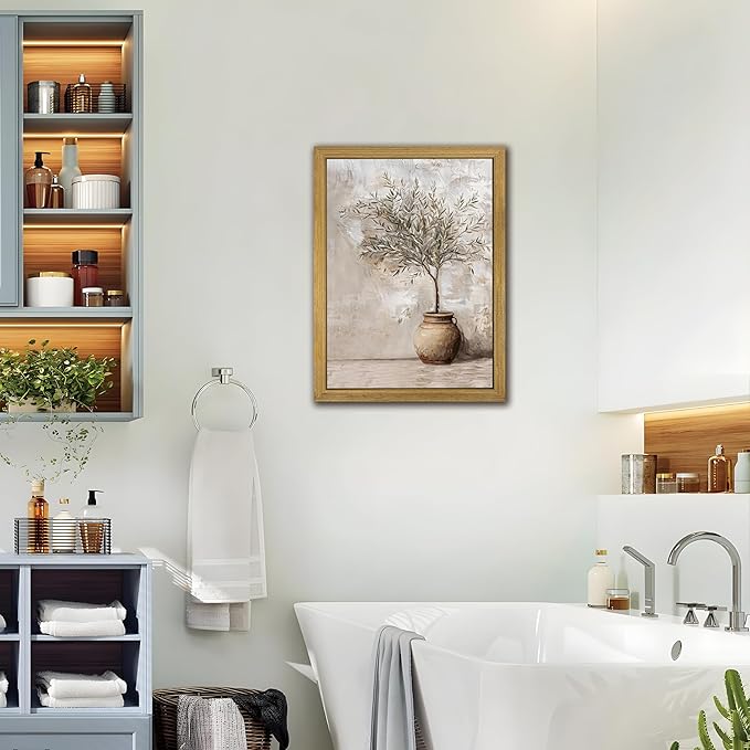 Vintage Olive Tree Canvas Wall Art, Farmhouse Aesthetic Oil Painting, Rustic Potted Plant Wall Decor, Neutral Botanical Print Artwork Picture for Living Room Kitchen Home Decor 12x16 Inch Framed