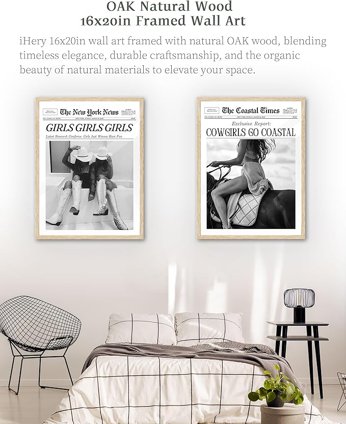 iHery Cowgirls Go Coastal Framed NewsPaper Canvas Wall Art,Natural OAK Wood Large 16x20in Wall Decor For Bedroom, Trendy Western Horseback Riding Times for Dorm Living Room, Home Décor 1Pack