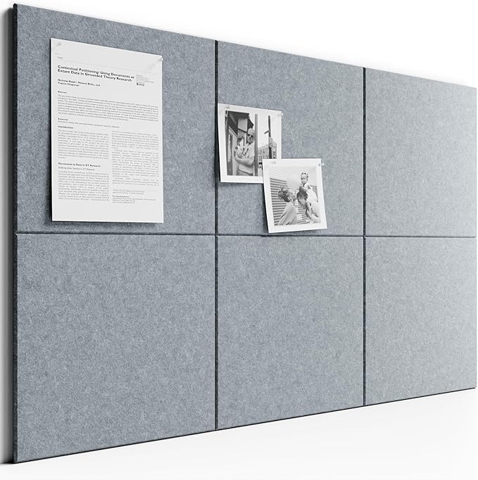 Bumusty Large Cork Board 36" x 24" Alternative - 6 Pack Felt Wall Tiles with 40 Safe Removable Adhesive Tabs, 30 Pushpins, Cork Boards for Walls Pin Board Bulletin Board Office Decor (Blue Gray)
