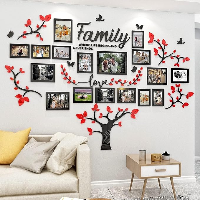 Family Tree Wall Decor - Picture Frames Collage 4x6 5x7 8x10 11x14 3D DIY-Acrylic Photo Frame for Living Room （Red 57 * 81in）