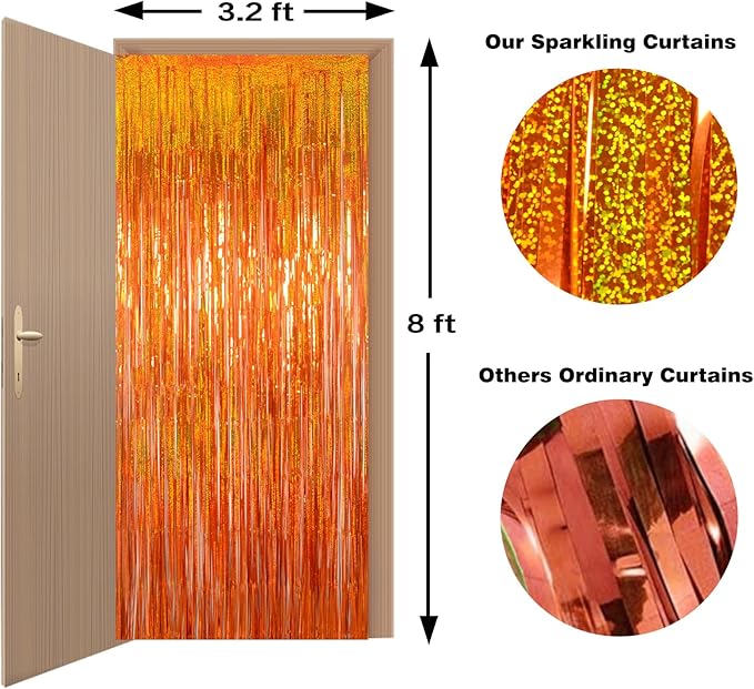 Upgraded Thicker Melsan Tinsel Fringe Curtain, 3 Pack 3.2 x 8.2 ft Orange Metallic Streamers with Extra Tape, for Basketball Party Decorations Thanksgiving Birthday Baby Shower Graduation Party Decor