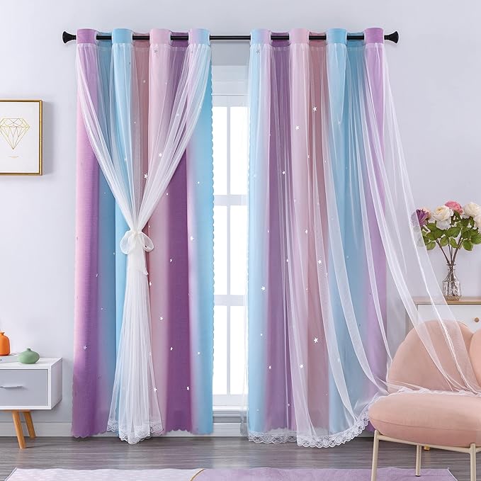 XiDi Curtains 63 Inch Length for Girls Bedroom Kids Blackout Curtains Rainbow Cute Colorful Unicorn Princess Theme Home Decor Living Room Darkening Grommet Drapes, Pink/Purple W52 X L63 2 Panels Set