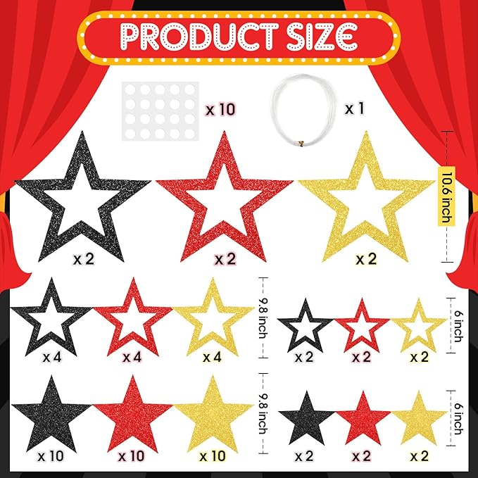 60 Pcs Large Movie Star Cardboard 3 Sizes 6" 9.8" 10.6" Movie Night Glitter Star Cutouts Double Printed Wall Decor Confetti Cutouts for Graduation Classroom Wall Party Bulletin Board Decor