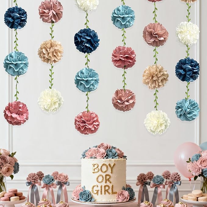 Dusty Rose Pink Blue Khaki Beige Tissue Paper Flowers Pom Pom with Leaf Ribbon Hanging Garland Streamer for Gender Reveal Baby Shower He or She Boy or Girl Vintage Themed Party Decorations Supplies