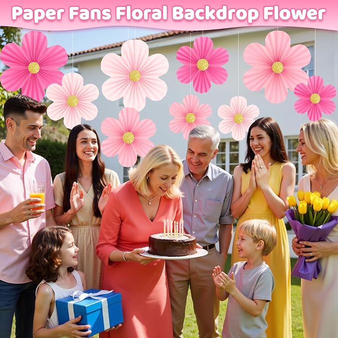 Pink Paper Flowers Decorations for Wall Hot Pink Birthday Decorations 9pcs with 9 Gold Glitter Floral Centers Paper Fans Floral Backdrop Flower Wall Decor for Classroom Wedding Baby Shower,Paper Guide