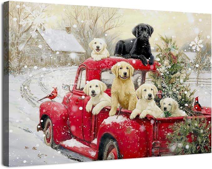 Vintage Christmas Wall Art Winter Farmhouse Scenic Wall Decor Red Truck Christmas Tree Canvas Prints Cute Puppy Pictures Snow Country Landscape Artwork for Bedroom Kitchen Home Decorations 32x48"