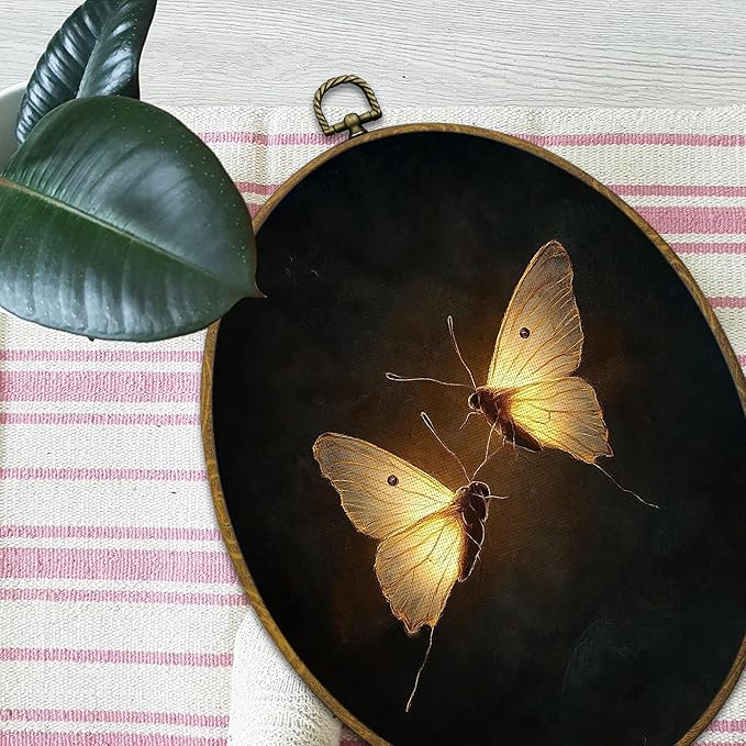 Mcehtle Vintage Butterfly Wall Art Decor, Dark Moody Cottagecore Moth Insect Oval Framed Canvas Prints 8.6x11.4, Neutral Farmhouse Wall Hanging Artwork Decorations for Gallery Home Bedroom Living Room