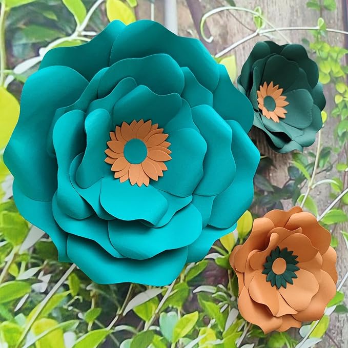 Paper Flower with Leaf for Wall Pack of 6 (Blackish Green Teal)