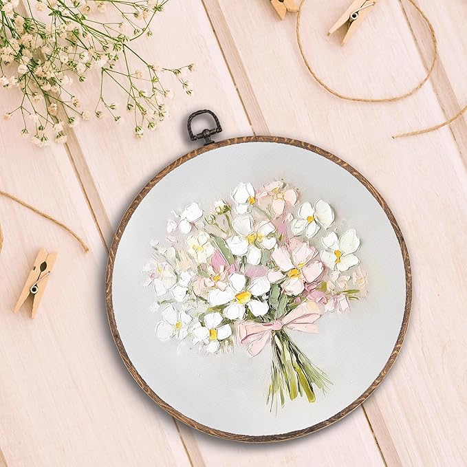 Vintage Pink Bow Floral Bouquet Round Wall Art Framed, White Floral Round Wall Decor, Vintage Flower Hanging Canvas Prints Wall Sculptures for Home Bedroom Living Room Decor, 10x10 Inch