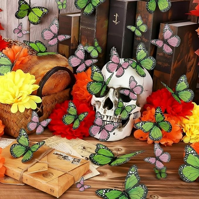 Chuangdi 48 Pcs Pink Monarch Butterfly Decorations 3 Size Fake Butterflies Realistic Butterfly Craft Artificial Mariposas Wall Decor for Craft Wedding Home Birthday Party (Green,3.2inch,4inch,4.7inch)