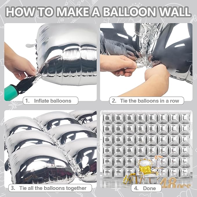 NISOCY 48PCS Metallic Silver Square Foil Balloons Wall Backdrop Chrome Silver Balloons Tunnel Garland Arch Kit for New Year Anniversary Bachelorette Birthday Engagement Bridal Shower Party Decorations