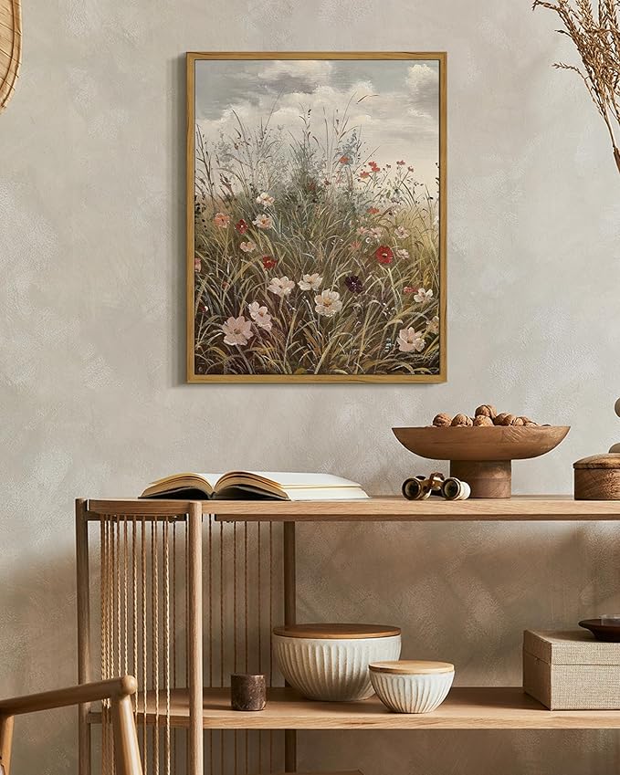 SHENIFY Vintage Landscape Framed Wall Art Wildflower Field Scenery Farmhouse Decor Retro Meadow with Flowers Painting for Kitchen Living Room Bedroom Bathroom - 11x14in Natural Framed