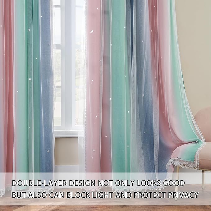 XiDi Pink Grey Green Girls Curtains for Bedroom Rainbow Blackout Short Curtains for Kitchen Cafe Window Room Darkening Kids Childs Nurser Room Wall Decor 72 inches Long 34 inches Wide 2 Panels Set