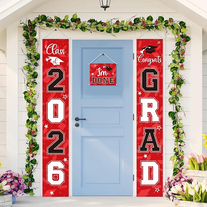 Moukeren 3 Pieces 2026 Graduation Party Decorations Graduation Porch Sign Class of 2026 Grad Hanging Porch Banner Backdrop Door Sign for Grad Party Home Door Wall Decor(Red and Black)