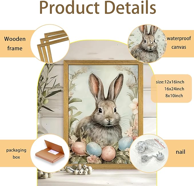 Easter Bunny Wall Art, Vintage Rabbit Canvas Wall Decor, Easter Eggs Poster Print Picture, Spring Farmhouse Animal Painting for Living Room Bedroom Kitchen Holiday Home Decor 8x10 Inch Wood Framed