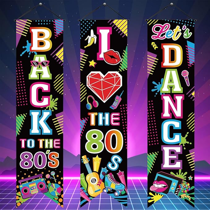 3 Pieces 80's Party Decorations Back to The 1980 Banners I Love 80s Porch Signs Hanging Backdrops for Home Bar Retro Theme Hip Hop Rock Disco Birthday Party Door Wall Decor Supplies