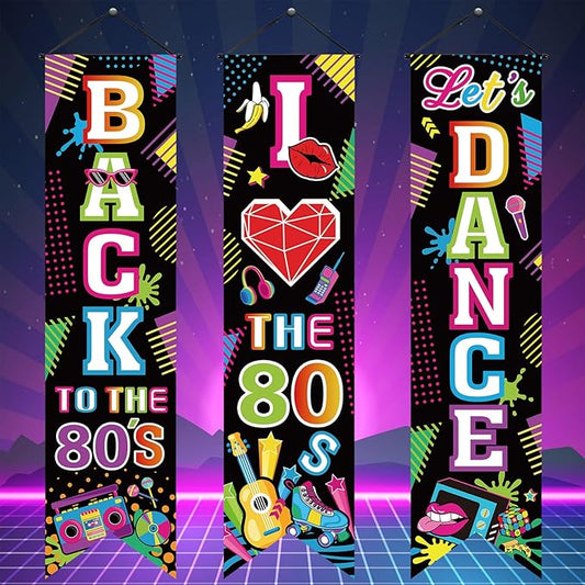 3 Pieces 80's Party Decorations Back to The 1980 Banners I Love 80s Porch Signs Hanging Backdrops for Home Bar Retro Theme Hip Hop Rock Disco Birthday Party Door Wall Decor Supplies