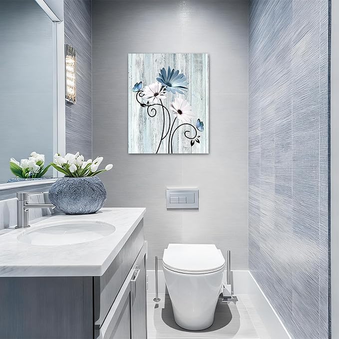 HVEST Blue Floral Wall Art Rustic Farmhouse Daisy Butterfly Bathroom Art Decor Vintage Flower Wall Decor for Living Room Bathroom Bedroom Office, 20L x 16W Inches