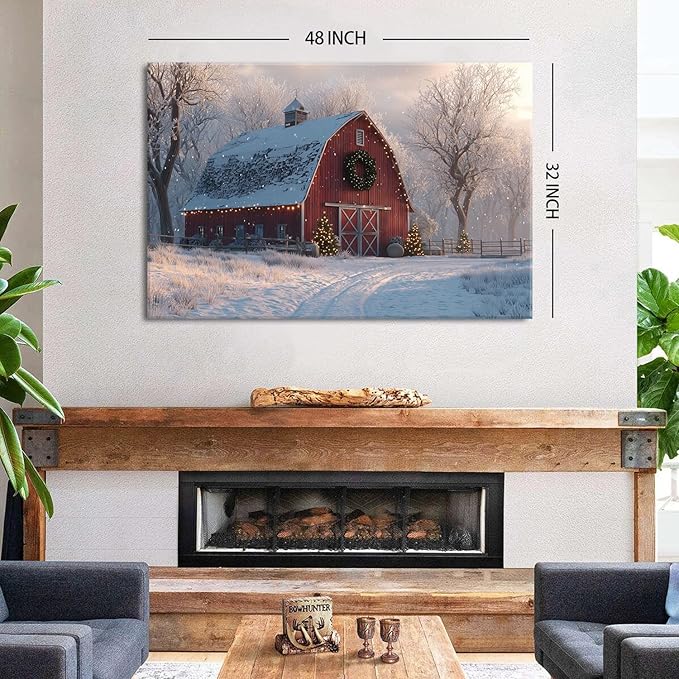 Christmas Barn Wall Art Vintage Farmhouse Canvas Wall Decor Christmas Tree Poster Prints Rustic Winter Snowy Scenic Pictures Country Painting Artwork for Living Room Bedroom Home Decorations 32x48"
