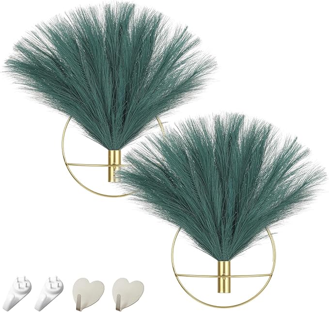 Pretty Jolly Boho Wall Decor - Hanging Artificial Pampas Display for Living Room, Bedroom, Bathroom, Dining Room - Wall-Mounted Metal Art Plant Decor (2 Pack)