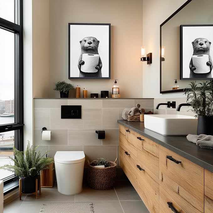 IAFWZX Wood Framed Funny Bathroom Wall Art, Black and White Otter Holding Toilet Paper Wall Decor, Cute Animal Wrapped Canvas Painting, Humor Otter Poster Print for Restroom Guest Bedroom 16"x24"