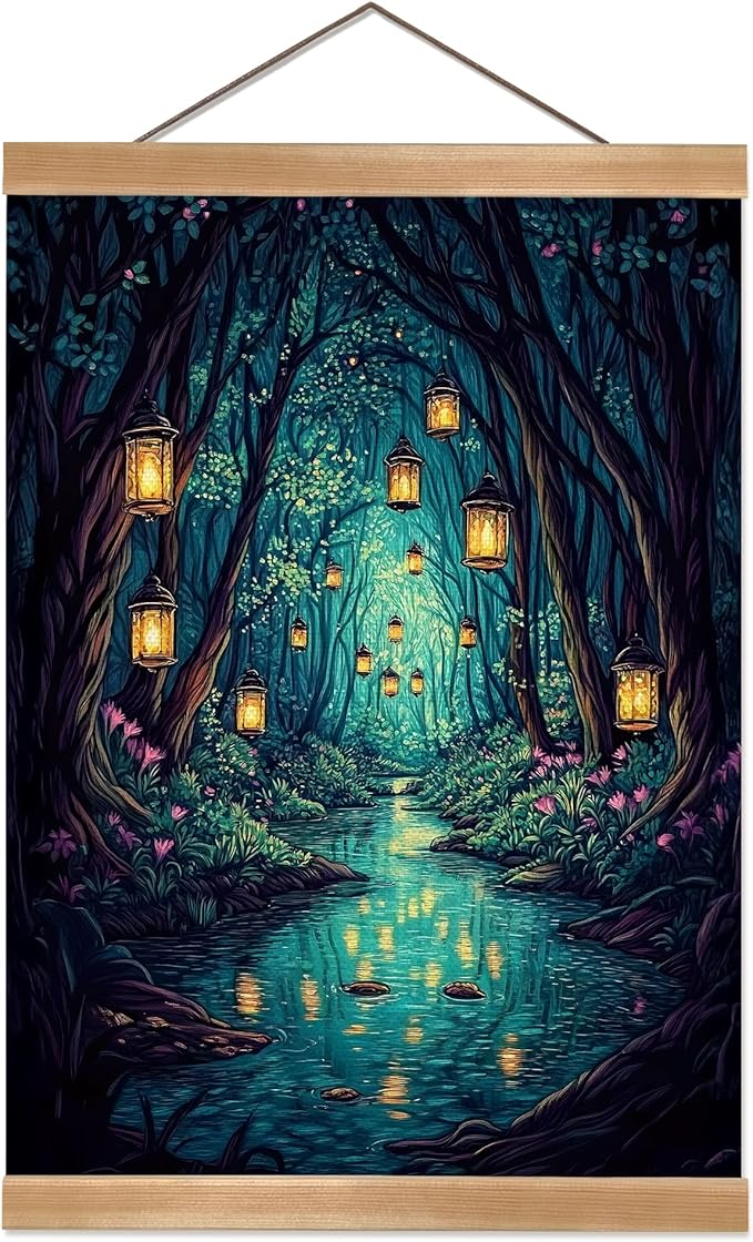 Fantasy Forest Canvas Wall Art Decor,Magic Forest Scene Poster,Enchanting Whimsical Art Print for Magic Lovers, Fairy Wonderland Dark Night Fireflies River Poster for Bedrooms&Living Rooms (Fantasy)