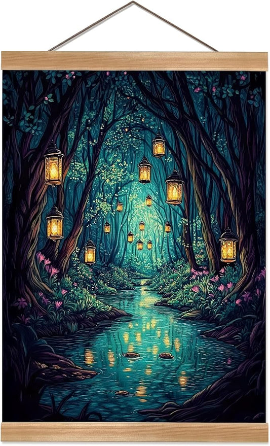 Fantasy Forest Canvas Wall Art Decor,Magic Forest Scene Poster,Enchanting Whimsical Art Print for Magic Lovers, Fairy Wonderland Dark Night Fireflies River Poster for Bedrooms&Living Rooms (Fantasy)