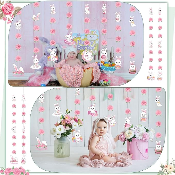 8 Pcs Easter Bunny Birthday Party Decorations Bunny Birthday Hanging Garlands Banner Pink Rose White Rabbit Paper Cutouts Streamer for Girls Wall Ceiling Decor Rabbit Party Supplies