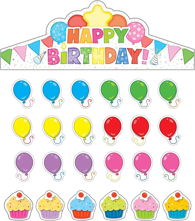 Carson Dellosa 102 pc Bundle of Birthday Decorations, Crowns, Colorful Balloons and Cupcake Cutouts for Party, Classroom, Bulletin Board, and Wall Decor