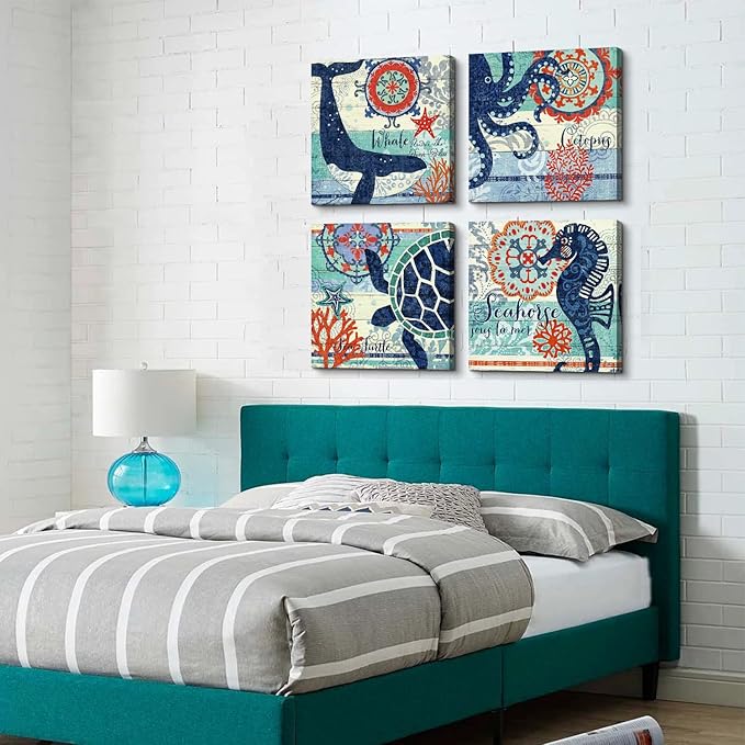 4 Panel Teal Blue Home Wall Art Decor Framed Artwork for Bathroom Living Room Canvas Print Beach Coastal Sea Turtle Octopus Seahorse Whale Pictures Posters Bedroom Decoration 20 x 20 / Piece Set