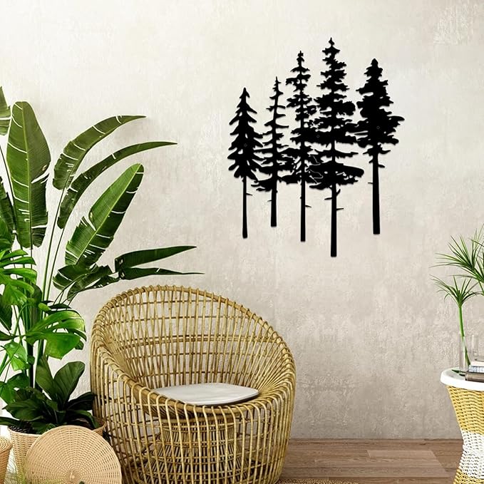 ESTART Metal Pine Tree Wall Art, Metal Tree Wall Decor, Nature Rustic Farmhouse Cabin Decor, Forest Wall Art for Home Living Room Bedroom Office Indoor and Outdoor Decoration (Black)