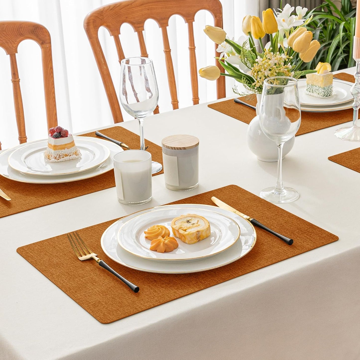 Romanstile Fall Vinyl Placemats Set of 8-12 X 18 Inch - Heat Resistant Place Mats 100% Waterproof Oilproof Wipeable Reversible Faux Leather Table Mats for Kitchen/Dining/Party/Outdoor, Orange