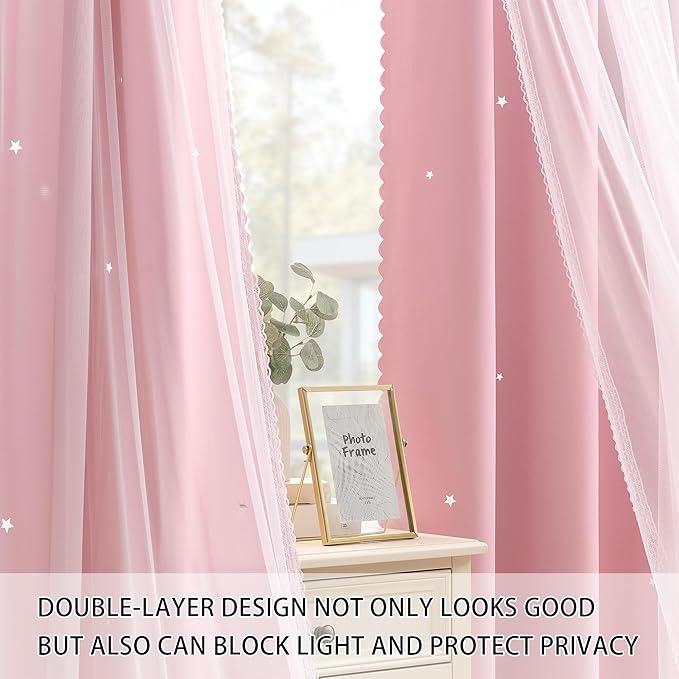 XiDi Pink Blackout Curtains with Sheer Overlay Mix and Match Double Layer 80% Room Darkening Window Treatment Set for Girls Bedroom Living Room Pink Star Drapes with Tiebacks Grommet Top 34" Wx96 Lx2