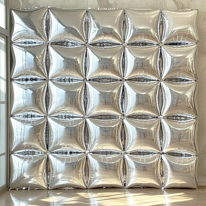 NISOCY 36PCS Metallic Silver Square Foil Balloons Wall Backdrop Chrome Silver Balloons Tunnel Garland Arch Kit for New Year Anniversary Bachelorette Birthday Engagement Bridal Shower Party Decorations