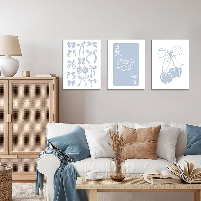 Trendy Preppy Canvas Wall Art Set of 3, Light Blue Bow Picture Wall Decor Paintings, Poker Lucky Coquette Room Posters Prints for Dorm College Apartment Bedroom 12x16In Framed