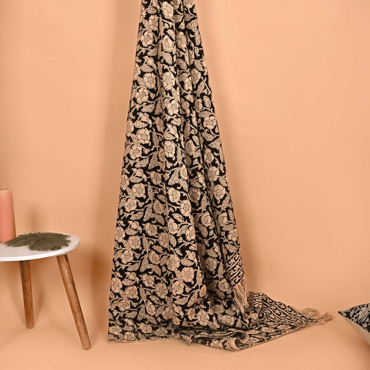 Handmade Cotton Throw Blanket 55x80 Inches | Black & Beige Floral Block Print Decorative Sofa Throw with Tassels | Large Lightweight Cotton Bedspread for Living Room, Couch, or Bedroom