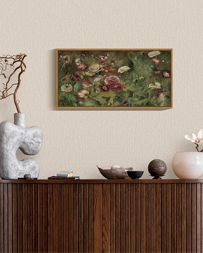 SHENIFY Vintage Framed Wall Art Poppies Flower Landscape Painting Retro Red Floral Scenery Farmhouse Kitchen Living Room Decor - 8x16in Natural Framed