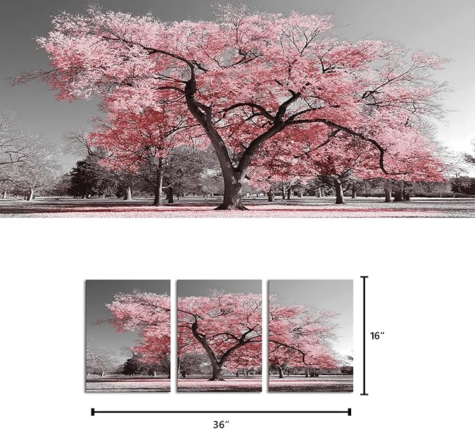 Visual Art Decor Pink Tree Canvas Wall Art Pink and Grey Room Decor Cherry Blossom Wall Art Modern Art Framed Ready to Hang Living Room Wall Decor 12x16inchx3 Piece