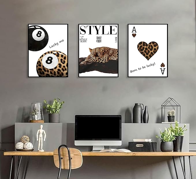 3Pcs Fashion Leopard Print Canvas Wall Art Cheetah Paintings Wall Decor Stylish Lucky 8 Ball Posters Prints College Style Room Aesthetic Pictures for Girls Bedroom Apartment Dorm Decoration Unframed