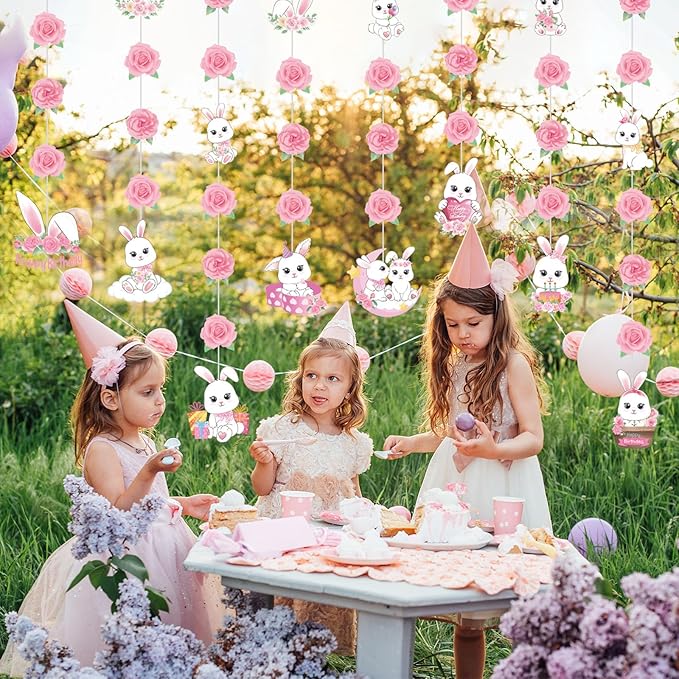 8 Pcs Easter Bunny Birthday Party Decorations Bunny Birthday Hanging Garlands Banner Pink Rose White Rabbit Paper Cutouts Streamer for Girls Wall Ceiling Decor Rabbit Party Supplies