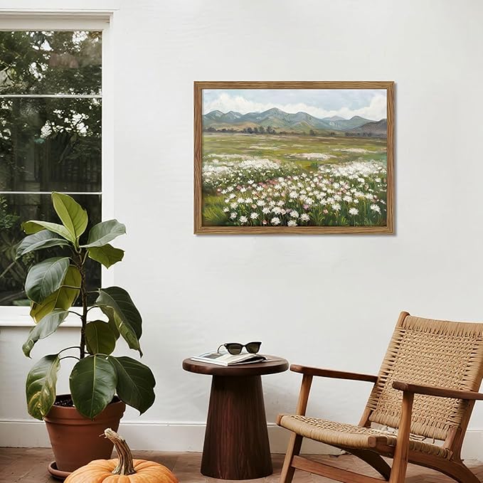 Framed Farmhouse Landscape Wall Art, Modern Country Flower Wall Decor, Vintage Wildflowers Mountain Canvas, Farm House Nature Pictures Print Artwork for Bedroom Living Room – 12x16 inch