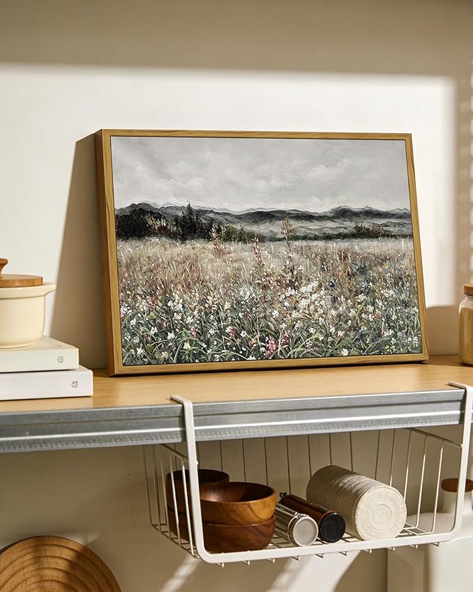 SHENIFY Vintage Landscape Framed Wall Art Meadow Flowers Farmhouse Decor Retro Classic Painting for Kitchen Living Room Bedroom Bathroom - 11x14in Natural Framed