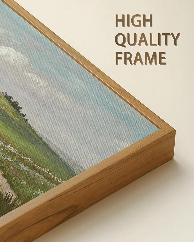 SHENIFY Vintage Landscape Framed Wall Art Meadow with Flowers Scenery Farmhouse Decor Rustic Retro Grassland Floral Field Painting for Kitchen Bedroom Living Room Bathroom - 8x16in Natural Framed