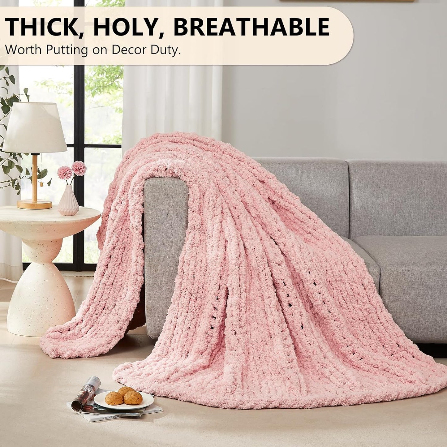 L'AGRATY Chunky Knit Blanket Throw: 72''x84'' Chenille Chunky Knitted Throw Blanket for Bed Couch - Handmade Thick Big Cable Knit Blanket - Large Chunky Crochet Rope Blanket for Home Decor(Pink)