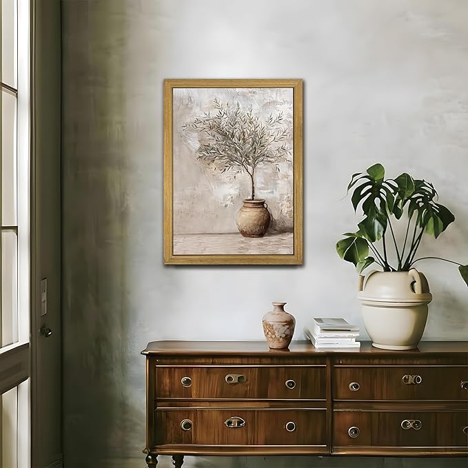 Vintage Olive Tree Canvas Wall Art, Farmhouse Aesthetic Oil Painting, Rustic Potted Plant Wall Decor, Neutral Botanical Print Artwork Picture for Living Room Kitchen Home Decor 12x16 Inch Framed