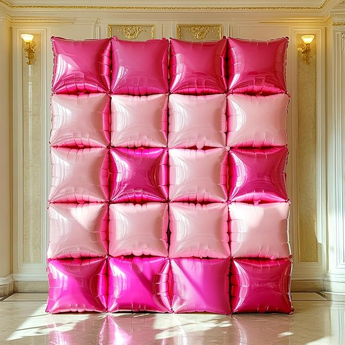 NISOCY 36PCS Hot Magenta Pink Square Foil Balloons Wall Backdrop Double Sided Metallic Pink Balloons Arch Kit for Anniversary Bachelorette Birthday Engagement Bridal Baby Shower Party Decorations