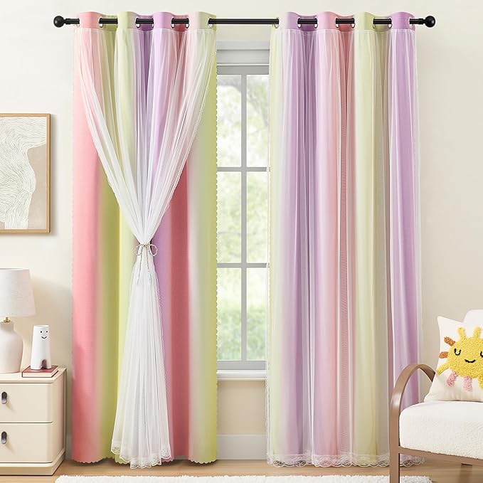 XiDi Blackout Curtains with Sheer Overlay for Girls Bedroom 84 Inches Long 2 Panels Pink Yellow Purple Rainbow Blackout Curtains for Little Girl Kids Room Decor Living Room Grommet Drapes 52x84