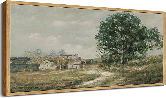 SHENIFY Vintage Framed Wall Art Rustic Country Road Landscape Painting Retro Countryside Scenery Farmhouse Kitchen Living Room Decor - 8x16in Natural Framed